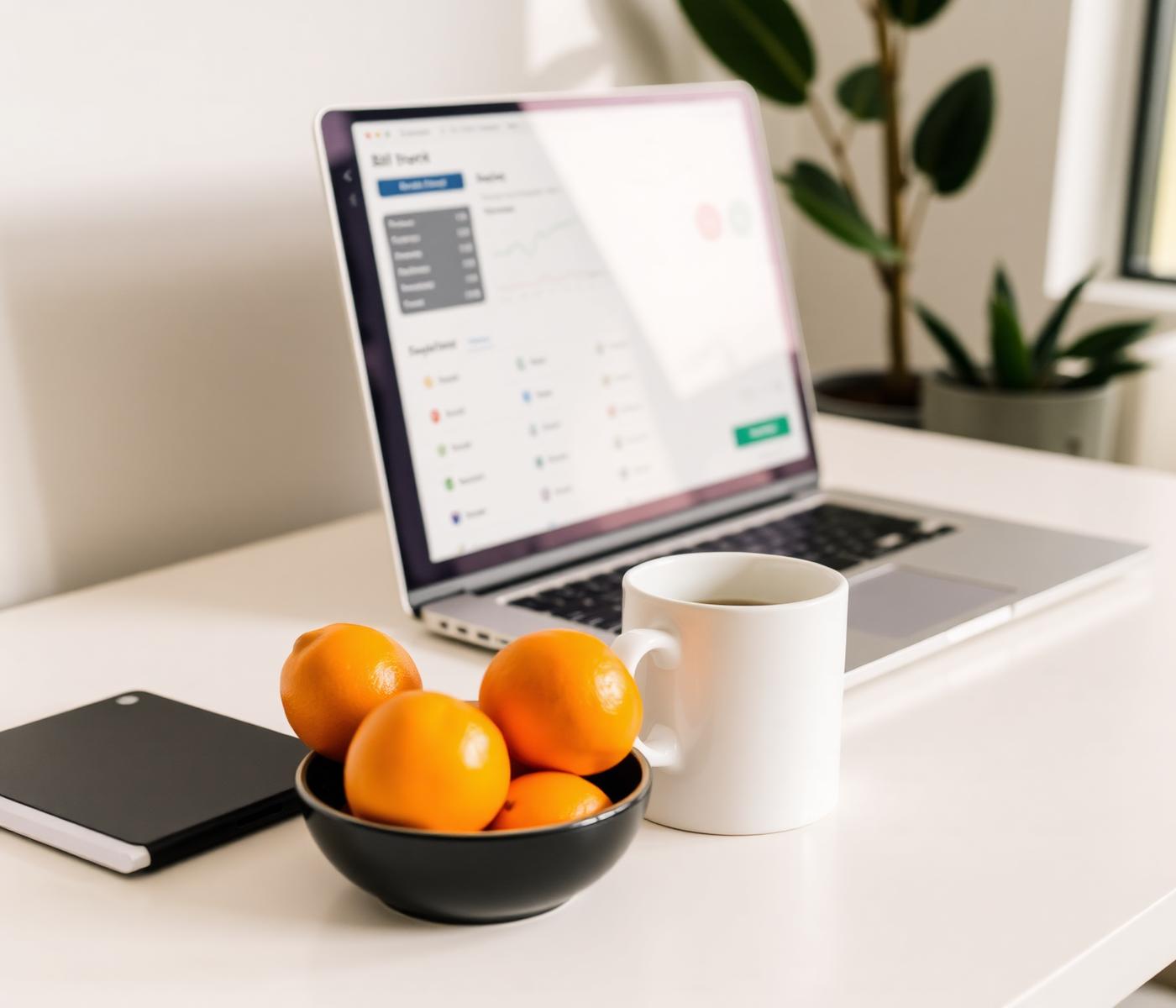 Laptop with a billing dashboard and clementines